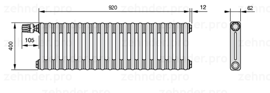 Схема (чертеж) Радиатор Zehnder Charleston 2040/20 №V012 Белый глянцевый RAL 9016